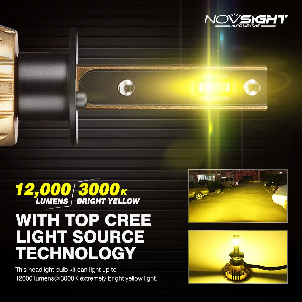 Novsight супер яркие светодиодные лампы для фар 3000K золото желтый h4 h7 12V 24v 72w 12000lm h8 h11 hb3