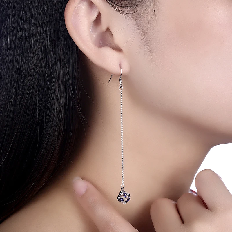 LEKANI кристаллами от SWAROVSKI длинной цепи Cube Бусы Серьги S925 стерлингового серебра пирсинг Для женщин Fine Jewelry