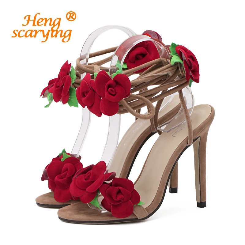 

2019 Women Summer 11.5cm High Heels Stiletto Flower Sandals Lady Fashion Rome Sexy Pumps Female Scarpins Strap Cross Tied Shoes