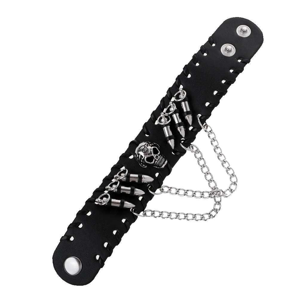 Punk Style Braclets for Men Women Black PU Leather Bangle Punk Skeleton Skull Wristband Bracelets Metal Chain