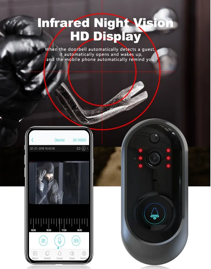 Видеокамера на дверной звонок Wi-Fi720P HD Home Security умный дверной звонок с двухсторонним звонком и видео на задней стороне корпуса, инфракрасная камера с режимом ночного видения ПИР motion d