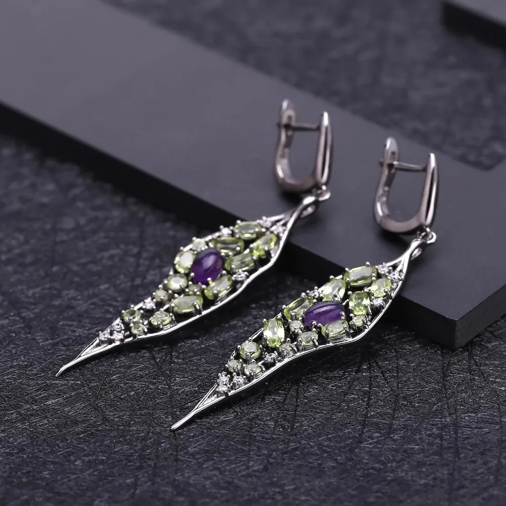 Серьги подвески женские из серебра 925 пробы с натуральным аметистом и