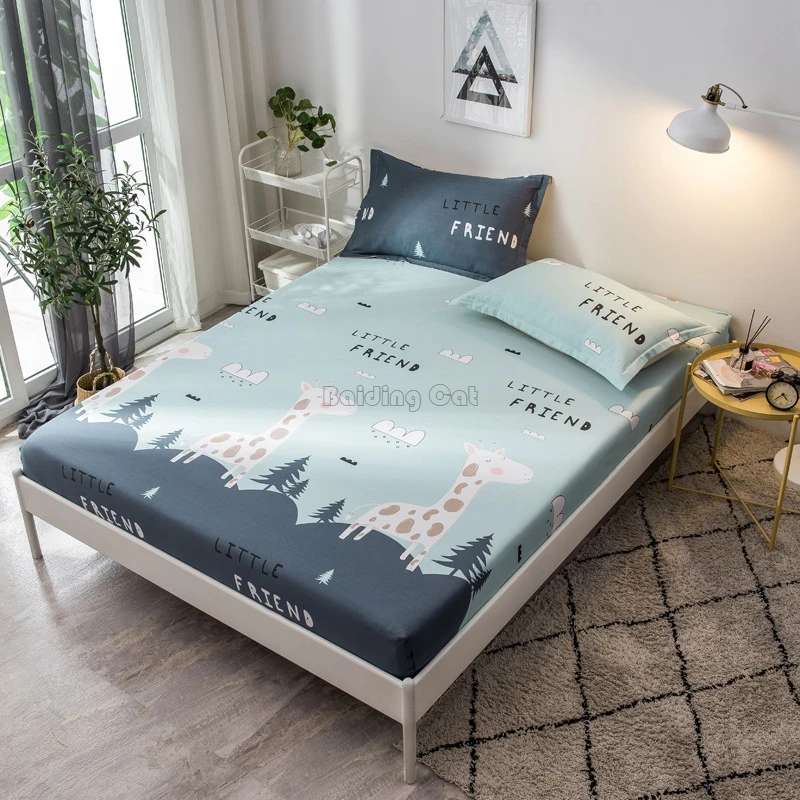 

Cartoon Green Forest Fawn Printed Bed Sheet 100% Cotton Fabric Fitted Sheet with Elastic Band 120*200cm,150*200cm,180*200cm Size