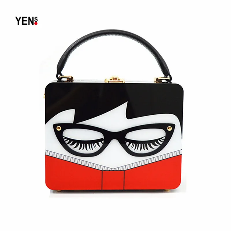Marca de Moda Bolsa do Mensageiro dos Desenhos Bolsa de Vidro Nova Feminina Acrílico Embreagem Novel Noite Bolsa Pequeno Animados Senhora Face Mulher Ombro