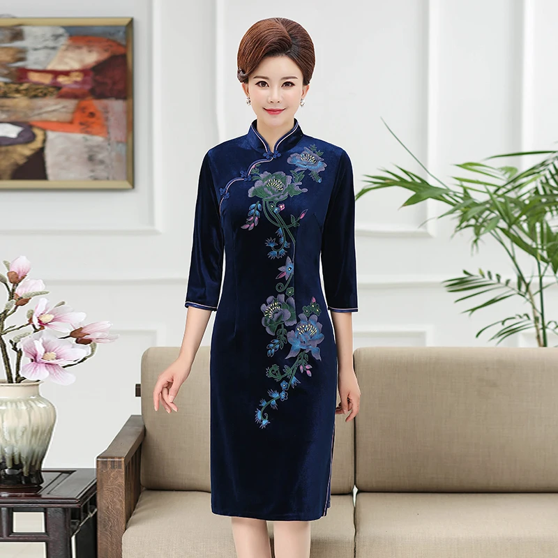 NIFULLAN, Золотое вельветовое длинное платье с рукавом три четверти, китайский стиль, женское элегантное платье чонсам, платья для свадебной вечеринки - Цвет: Тёмно-синий