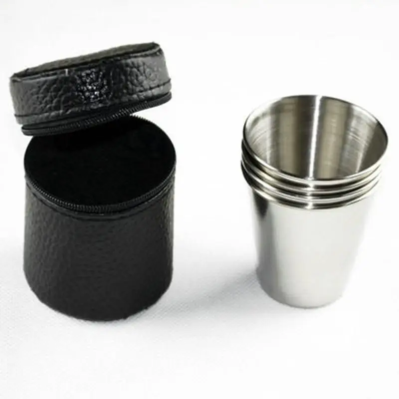 

4Pcs Stainless Steel Mini Cup 1 PCS Faux Leather Cover Drinking Coffee Beer Tumbler Camping Travel Cup With Cover MS365
