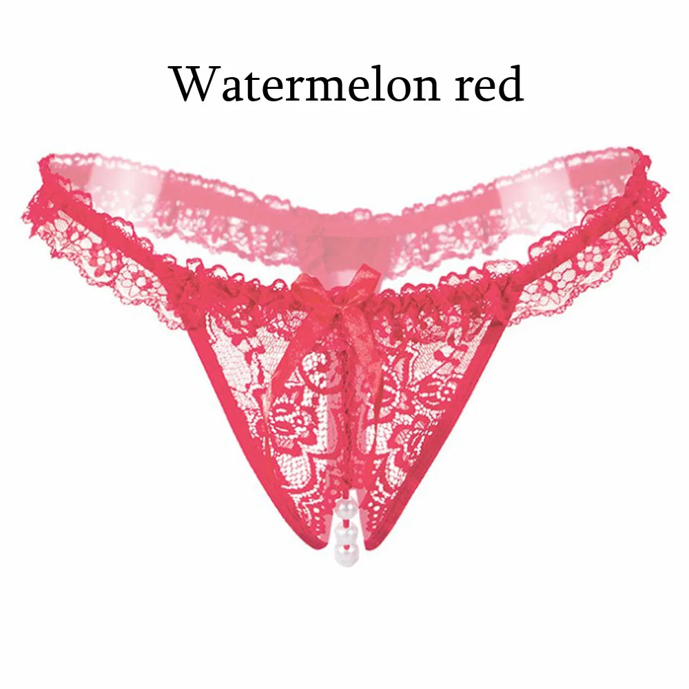 Женское кружевное прозрачное Эротическое нижнее белье, трусики, женские стринги, стринги с жемчугом, с вырезами, Culotte Femme, сексуальное бесшовное белье - Цвет: watermelon red