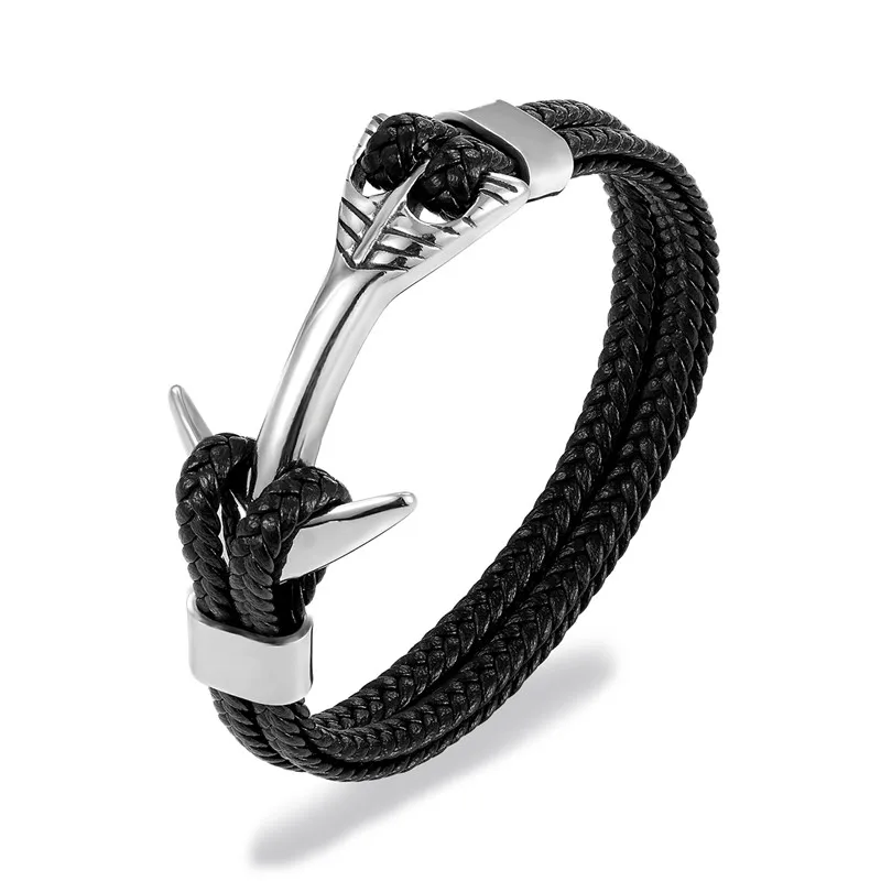 Модный кожаный браслет с якорем для мужчин черная косичка многослойная веревочная цепь из нержавеющей стали аксессуары для животных мужские ювелирные изделия подарки
