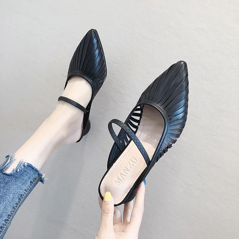 

2019 TOP Graceful Women Female Fashion Casual Pointed Toe Half Slides Sandals High Chunky Heels Slippers Mules Shoes