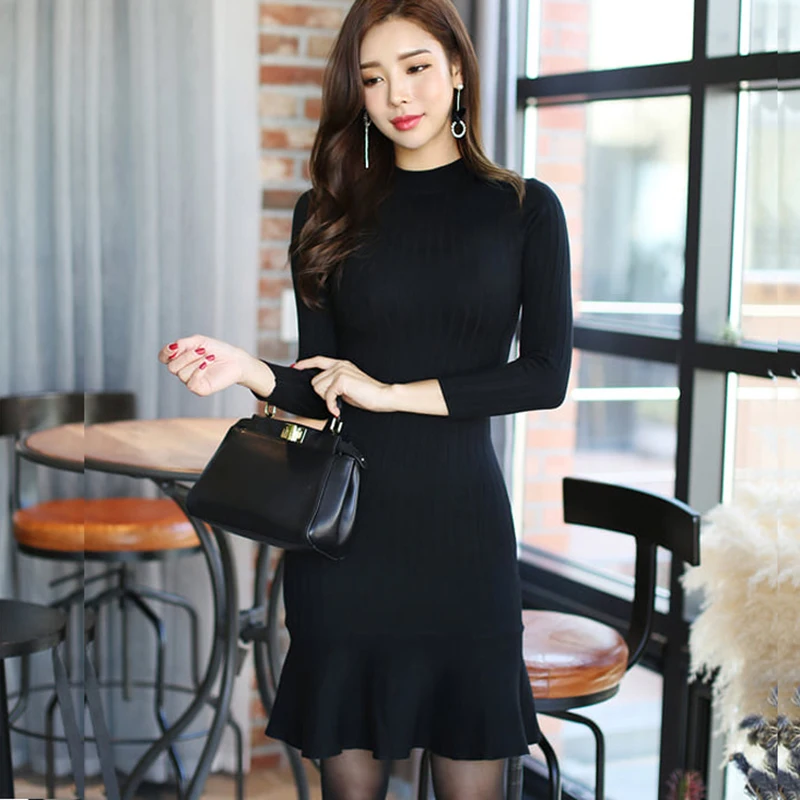 

women wear new Korea temperament with solid cultivate one morality sweater render package hip knitted trumpet knee-length dress