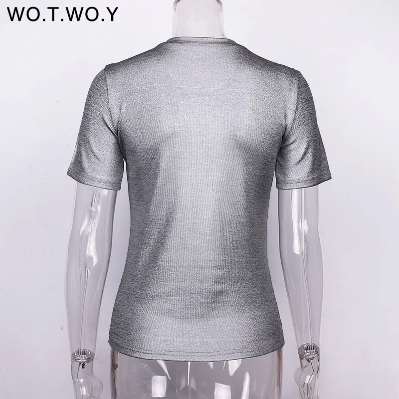 WOTWOY Лето 2018 блестящие футболки Для женщин Slim Fit люрекс Топы женские Повседневное