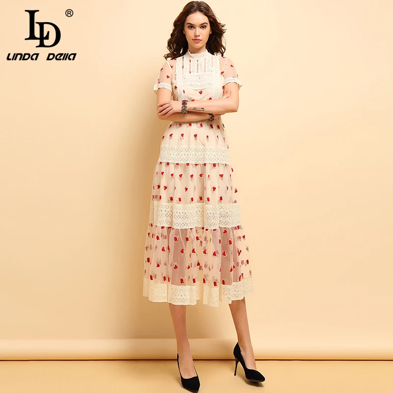 LD LINDA DELLA Mode Lente Zomer Jurk vrouwen Bloemen Borduren Hollow Out Mesh Overlay Elegante Casual Hoge Taille Jurken LD LINDA DELLA Mode Lente Zomer Jurk vrouwen Bloemen Borduren Hollow Out Mesh Overlay Elegante Casual Hoge Taille Jurken