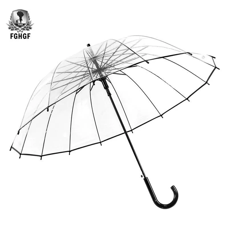 

FGHGF High Quality Big Long Handle 16 Rib Transparent Umbrella Male Female Rain Fashion Solid Automatic Creative Rainy Clear
