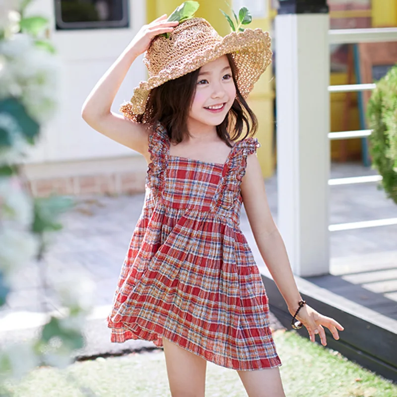 2018 spring Baby Girls plaid Dress Clothes Children Sleeveless Kids