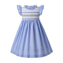 Vestidos Pettigirl azul claro Smocked para niñas Fly Sleeve verano bebé Smocked vestido cuello con volantes Vintage niños ropa