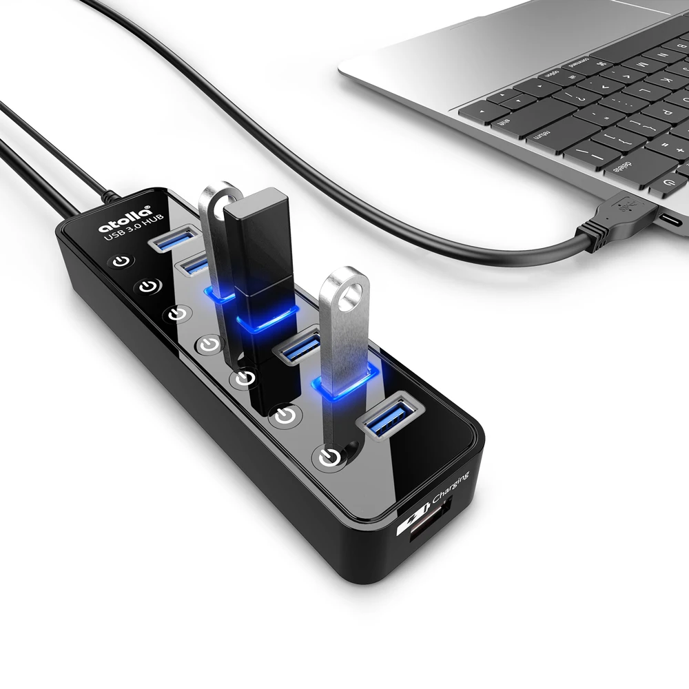 Atolla USB 3,0 концентратор 7 портов USB разветвитель с переключателями+ 1 умный порт зарядки, высокоскоростной USB разветвитель 5 Гбит/с, с адаптером питания