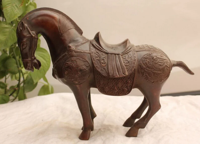 

xd 001538 14" Chinese Bronze Carved Sucessful Tang Horse Animal With Dragon Phoenix Statue