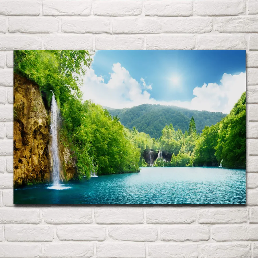 

bright nature landscape mountain waterfall lake KB685 living room home wall modern art decor wood frame fabric posters prints