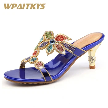 

2018 Fashion Rhinestone Women's High-heeled Sandals Golden Blue Purple Three Colors Crystal Leather Casual Shoes Women Wedding