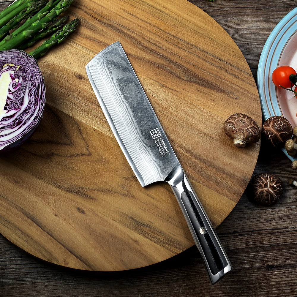 

KEEMAKE 7 inch Cleaver Knife Damascus Japanese VG10 Steel Blade Kitchen Knives G10 Handle Sharp Meat Vegetable Cutter Knife