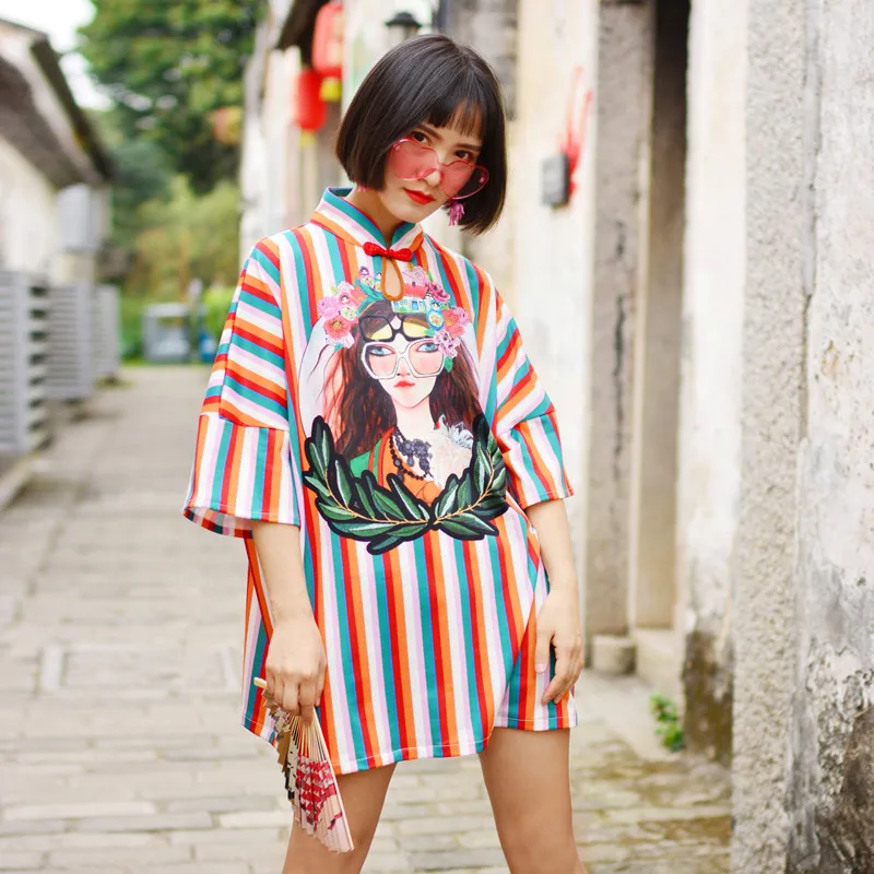 

New Oversize Vintage Strip Print Women Long Blouses Kimono Maxi Qipao Loose Harajuku Blouse Shirt Ladies Print Blousa Tops NS691