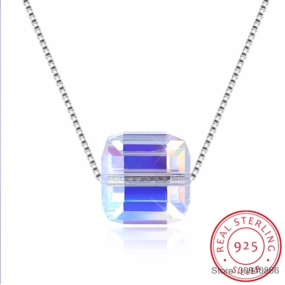 

SMTCAT Cube Pendant Necklaces Crystals From Real S925 Silver Necklaces For Women Kids 2018 Simple fine Jewelry Gifts