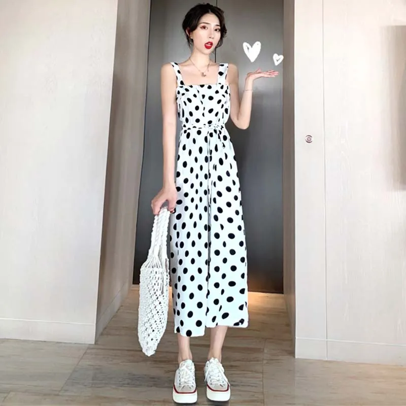 Women's Clothing Jumpsuits summer new ankle-length pants casual loose dot sashes Wild woman Wide leg pants Tube sling overalls