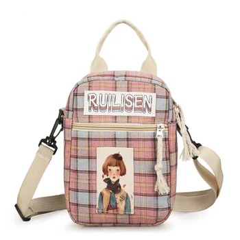 

RURU monkey Bag For Women Fashion Ladies Canvas Plaid Pattern Small Square Bag Vertical Section Single Shoulder Pullable Bag