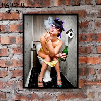 

HAOCHU Modern Vintage Fashion Paintings Toilet Sexy Lady Men Canvas Painting Art Wall Picture for Bar Hotel Home Decor