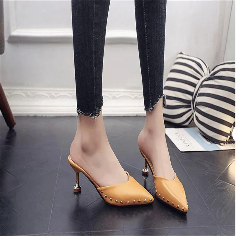 

Candy-colored slippers 2019 summer new pointed rivets with high heels flip flops slippers Female sandals Sandalias femenina