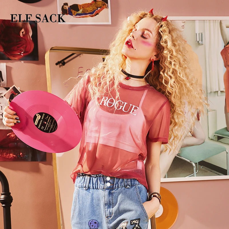 

ELF SACK Summer Women Crop Top Sexy See Through Mesh Womens t Shirts Letter Prints Bright Yarn Beach Wear Sweet Crop Tops Tees