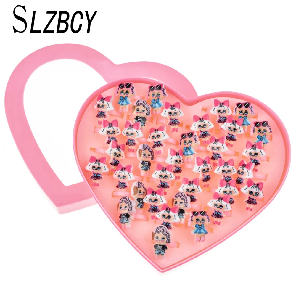 

36 pcs/set Cute Cartoon Girls Pink Open Adjustable Rings Mixed Style Acrylic Child Ring For Women Kids Friendship Jewelry Gift