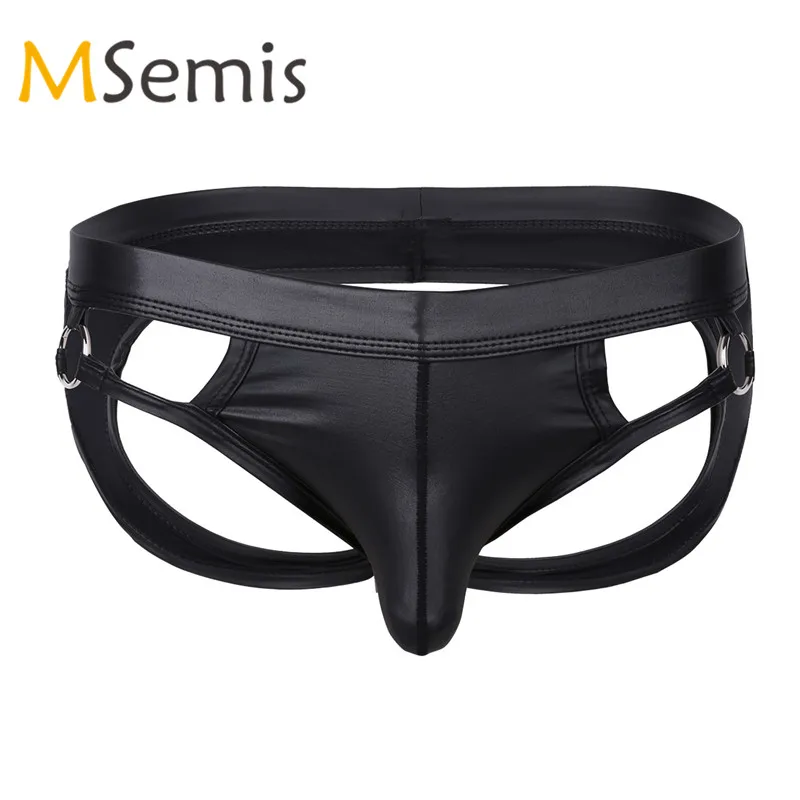 

Swimwear Mens Swimsuit Leather Lingerie Swimming Suit Low Rise Gay Underwear Jockstrap Briefs With Two Metal Rings Male Panties
