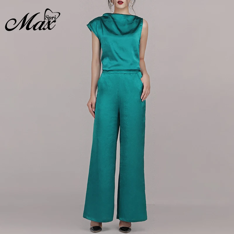 

Max Spri 2019 New Fashion 2 Piece Sets Sleeveless Crop Top With Loose Wide Legs Pants Quality Satin Stylish Women Party Clothing