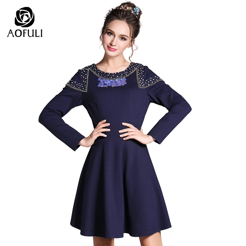

L~ 5XL Geometric Diamond Sequined Dress Women Blue Beading Dresses Back Split Big Size Spring Autumn Ladies Boutique B3576