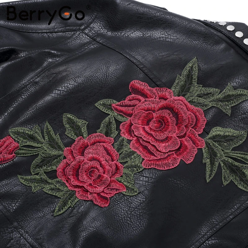 BerryGo Floral PU leather appliques rivet women basic jackets Streetwear black zipper outerwear femme Autumn faux leather coats