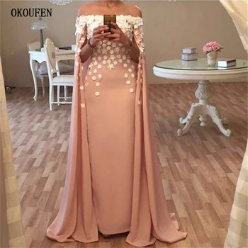

Peach Prom Dresses 2019 Watteau Cape Formal Evening Party Gown Flowers Off Shoulder vestido de fiesta robe de soiree gala jurken