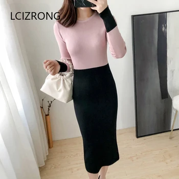 

Spring Elegant Ladies Slim Sweater Dress Women Mix-color Knitted Pullover Black Knee-length Dress Bodycon Soft Flexible Dress