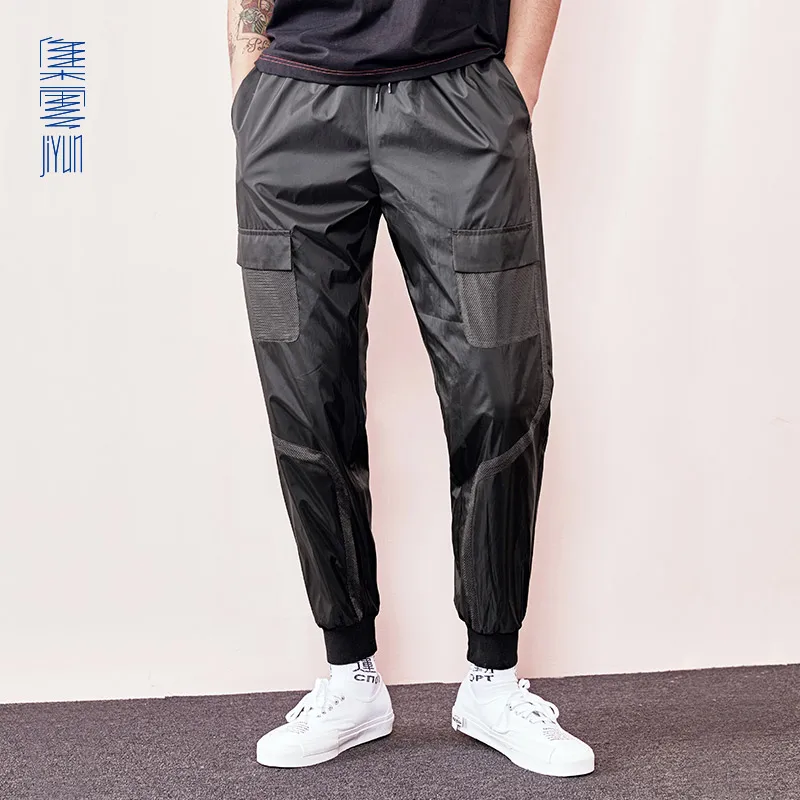 Men's Summer New Loose Style Black Patchwork Ankle Length Pants Casual Drawstring Waist Pockets