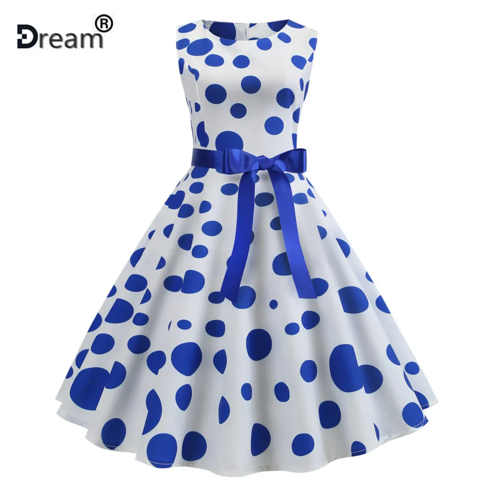 

2019 Summer Vintage Dress Casual Office Plus Size White Dot Elegant Vestidos 50s 60s Party Sexy Sleeveless O-Neck Bandage Dress
