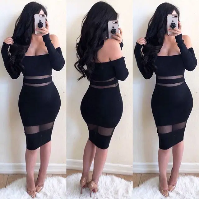 Slash Neck Off The Shoulder See-Though Dress Empire Hot Sale Fashion sexy Women Pub Celebrity Body Con Party Dresses Wholesale | Женская