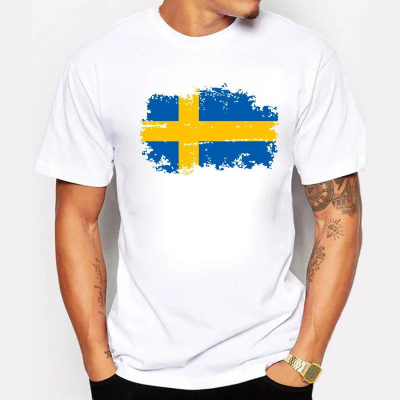 

Nostalgic Sweden National Flag Design T shirts For Men Cotton Casual Short Sleeve Tops Fashion White T-shirt Men BLWHSA