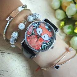 2015 модные унисекс черный, белый цвет полоса лиса циферблат Искусственная кожа аналоговые кварцевые наручные часы