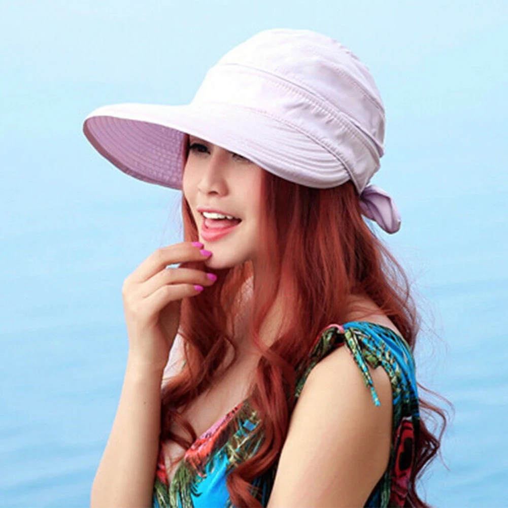 Пешие прогулки пляж твердые дамы шляпа от солнца модные летние козырьки практичный бант корейский стиль Путешествия Открытый Складная Кепка - Цвет: Purple