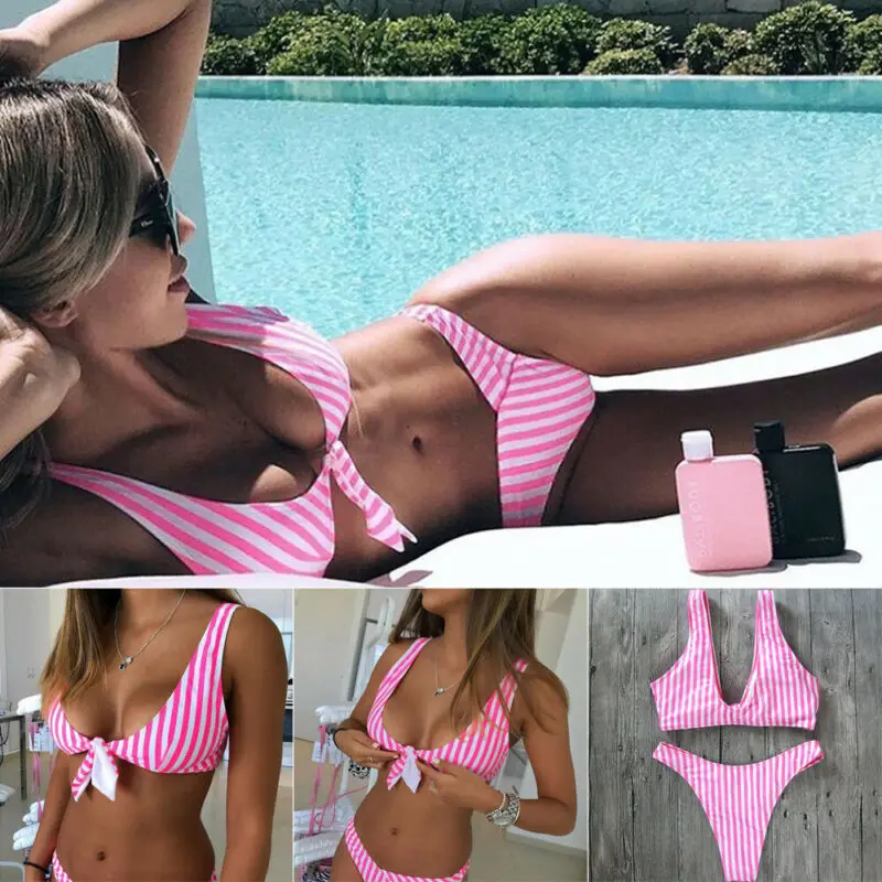 

Sexy Women's Swimsuit Push-up Padded Bra Bandage Striped Bikini Set Swimsuit Triangle Swimwear Swimming SUit Bather Suit