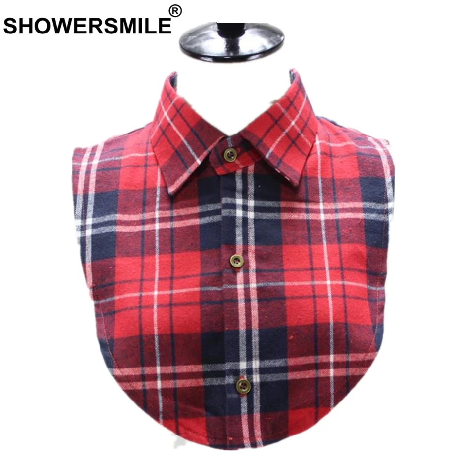 

SHOWERSMILE Plaid Fake Collar Women Red Detachable Collar Ladies Cotton British Style Vintage Casual Female Shirt Fake Collar