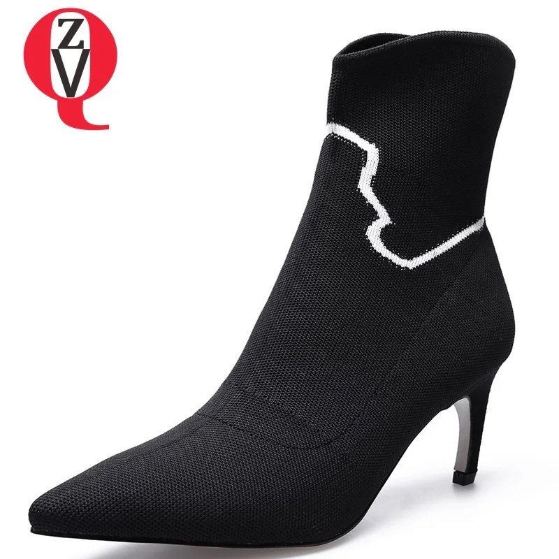 

ZVQ 2018 winter warm new knitting women mid calf boots high thin heels slip-on pointed toe black and grey sexy party women shoes
