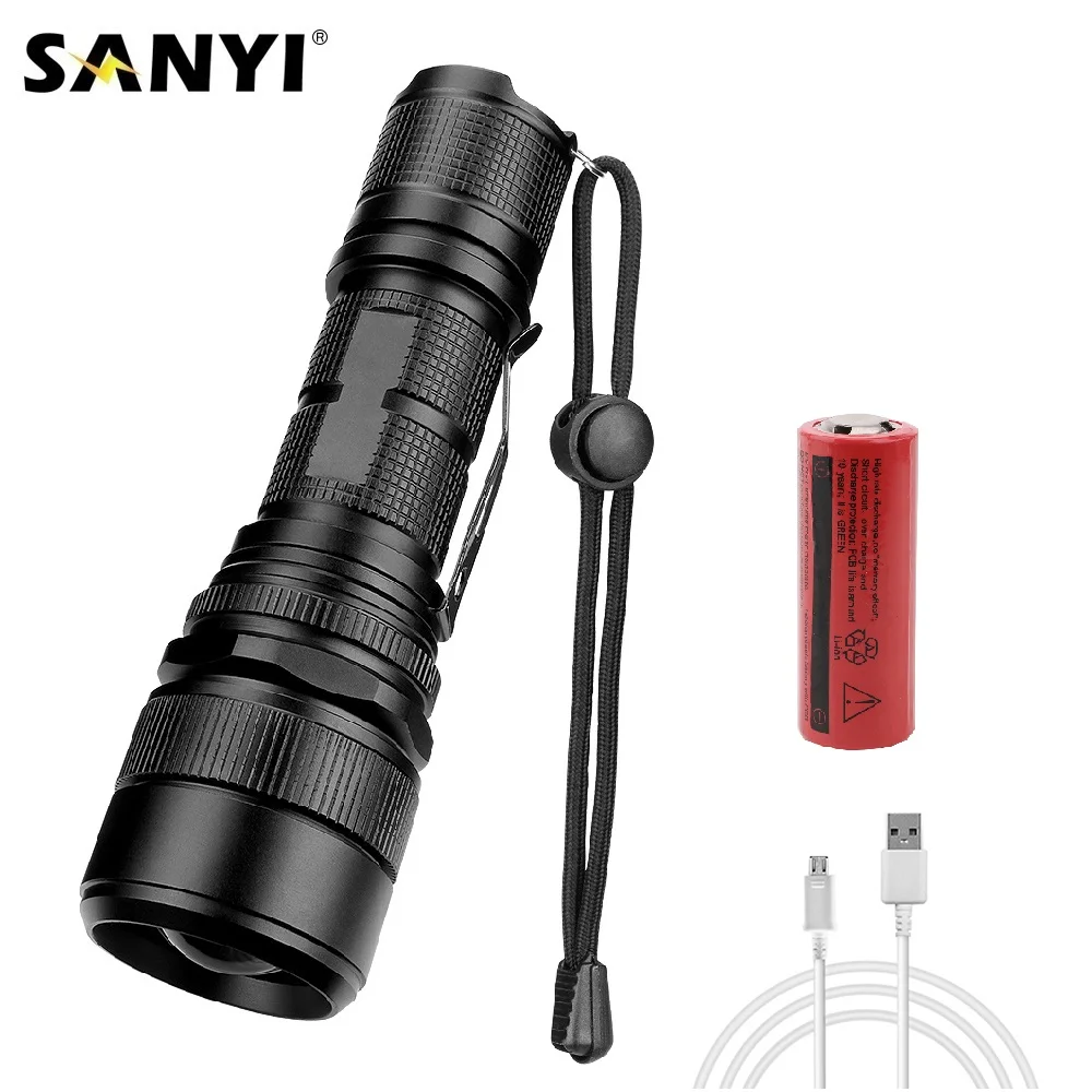 P50 LED Tactical Flashlight 5 Modes Zoomable Torch Waterproof USB Charging 26650 Scout Hunting Flash Light With Clip Tail Rope