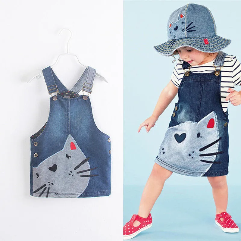 Summer Toddler Baby Girls Denim Skirt Jeans Kid Kitten Cat Braces Skirt Clothes Overall Clothes Age 2-7Y