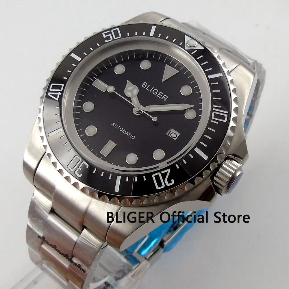 

Solid 44MM Black Dial Ceramic Bezel BLIGER Luminous Marks Steel Band Watches MIYOTA Movement Automatic Men's Wrist Watch B65